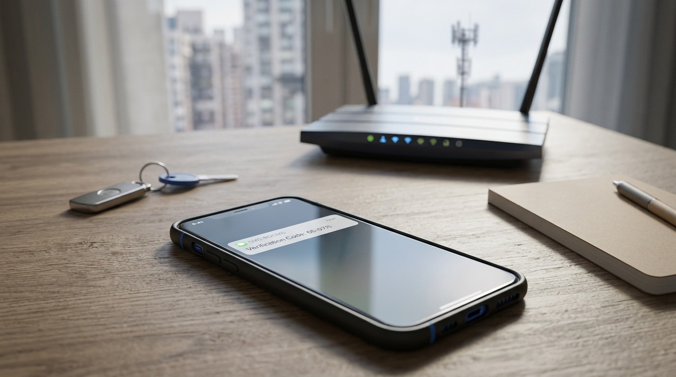 Conceptual routing of an SMS verification code delivered over a Wi-Fi connection when cellular reception is unavailable.