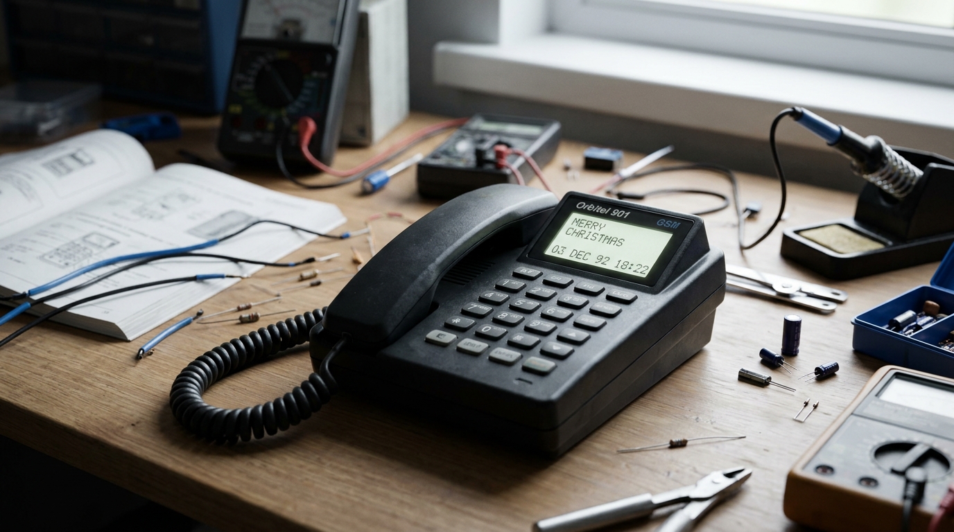 Early 1990s vintage portable cellular phone displaying a text message on its small monochrome screen.